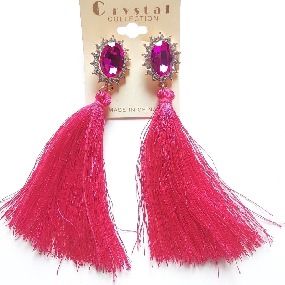 Crystal Collection Hot Pink Tassel Earrings - Picture 3 of 10